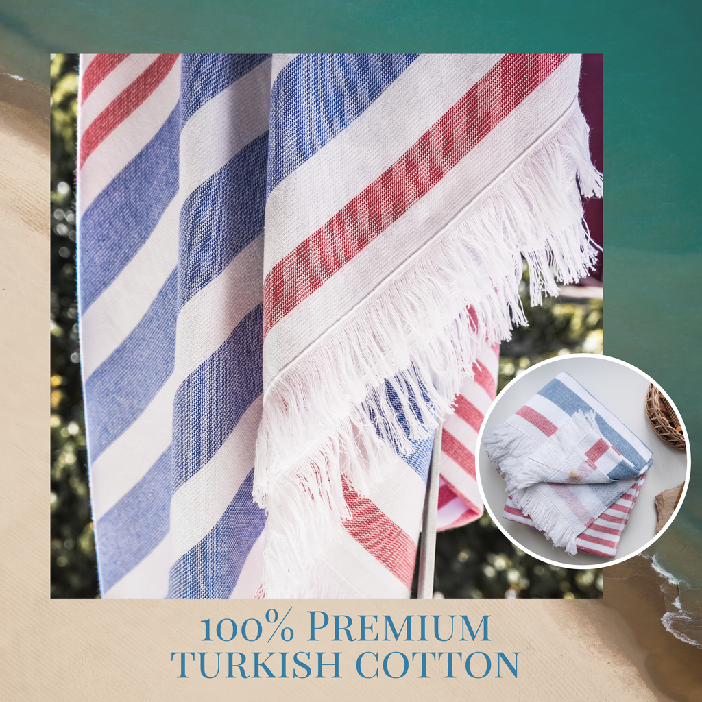 Luzia Striped Beach Towel, 40 x 70 inches, 100% Turkish Cotton, Blue and Red