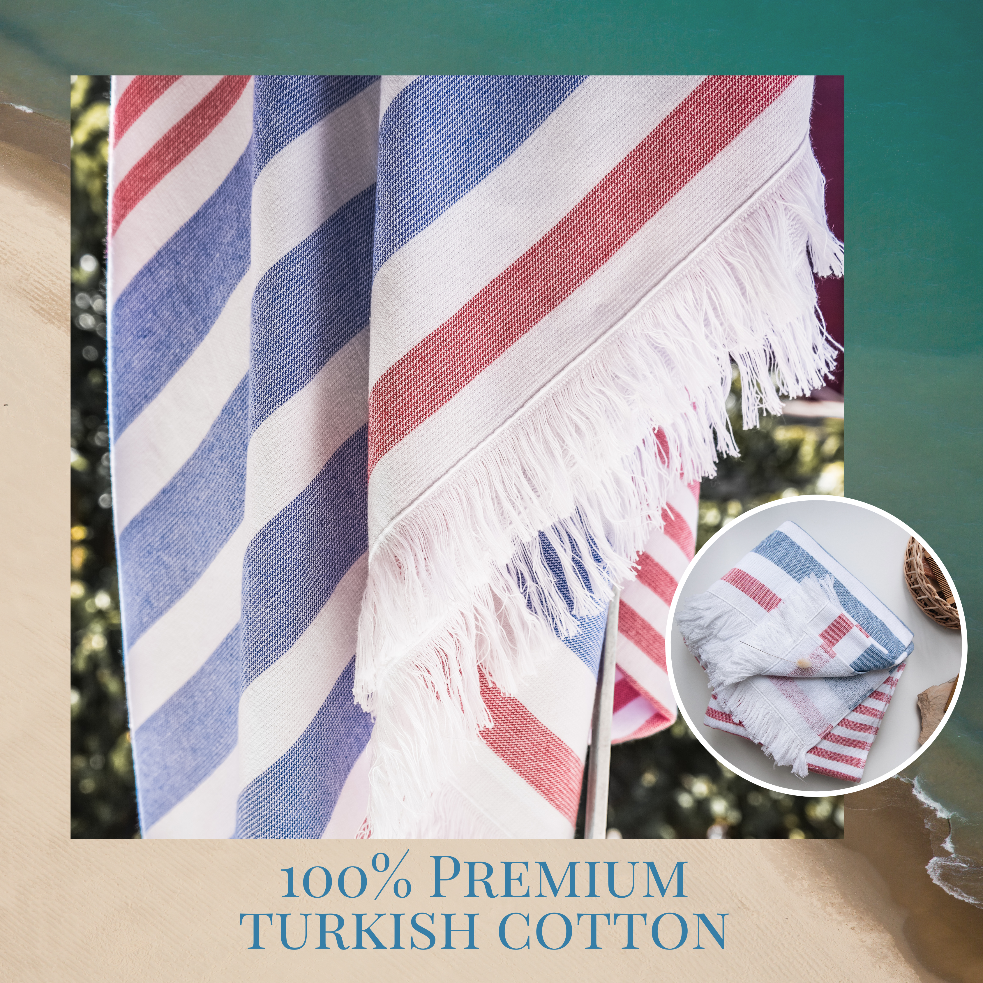 Luzia Striped Beach Towel, 40 x 70 inches, 100% Turkish Cotton, Blue and Red