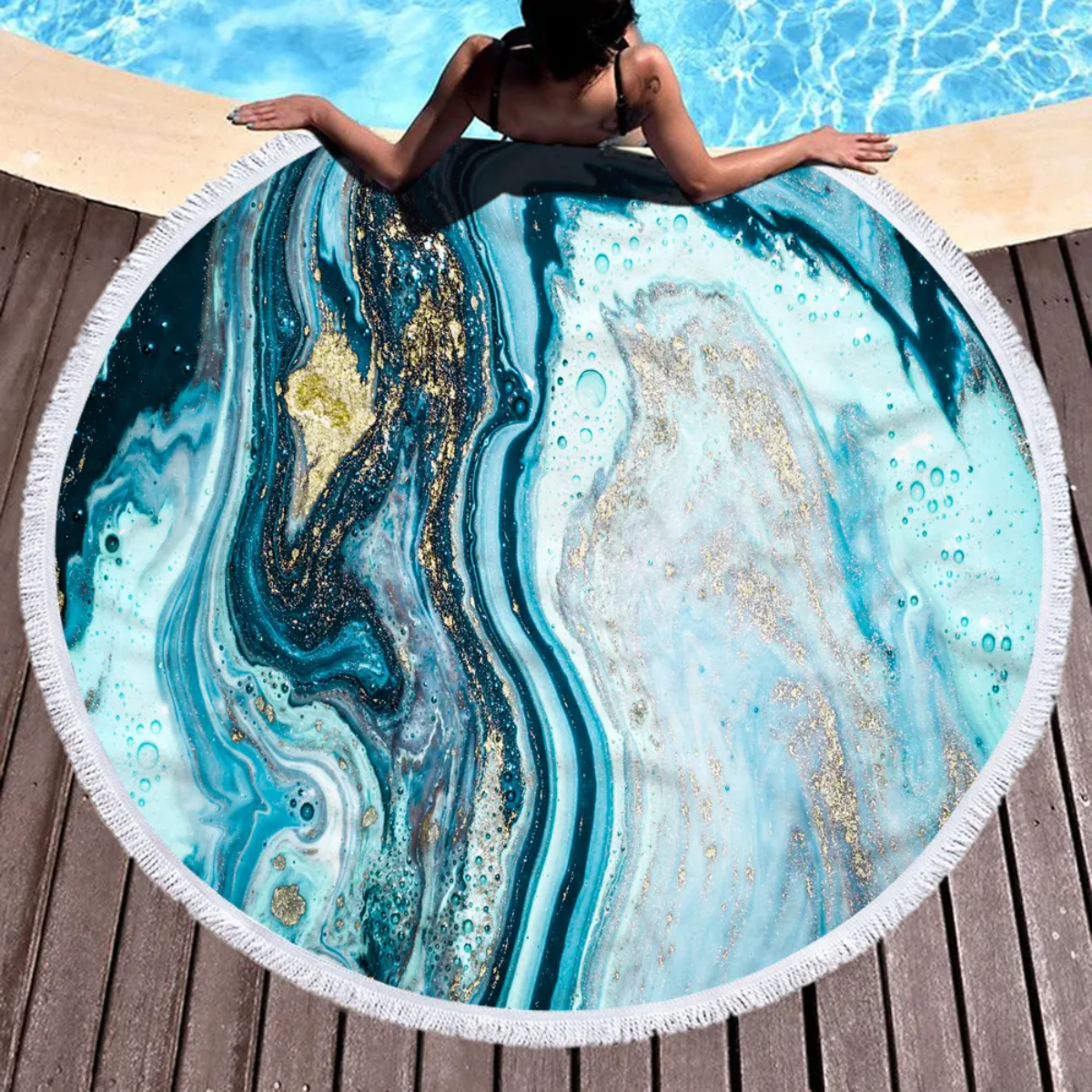 Luxury Oversized Round Microfiber Beach Towel with Blue Liquid Marble Print