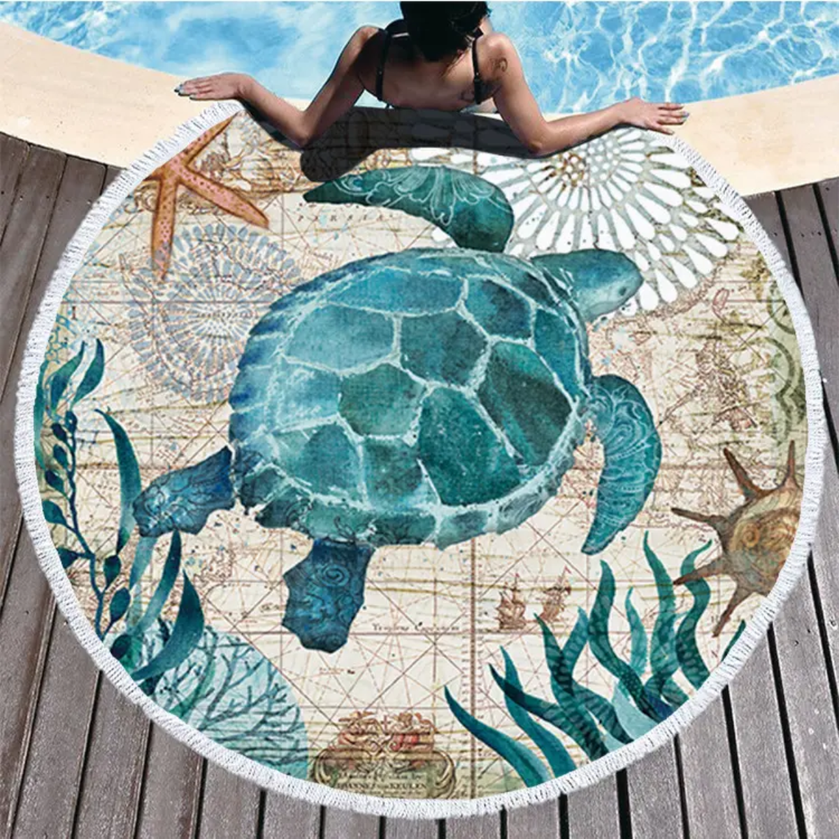 Luxury Oversized Round Microfiber Beach Towel with Turtle Design