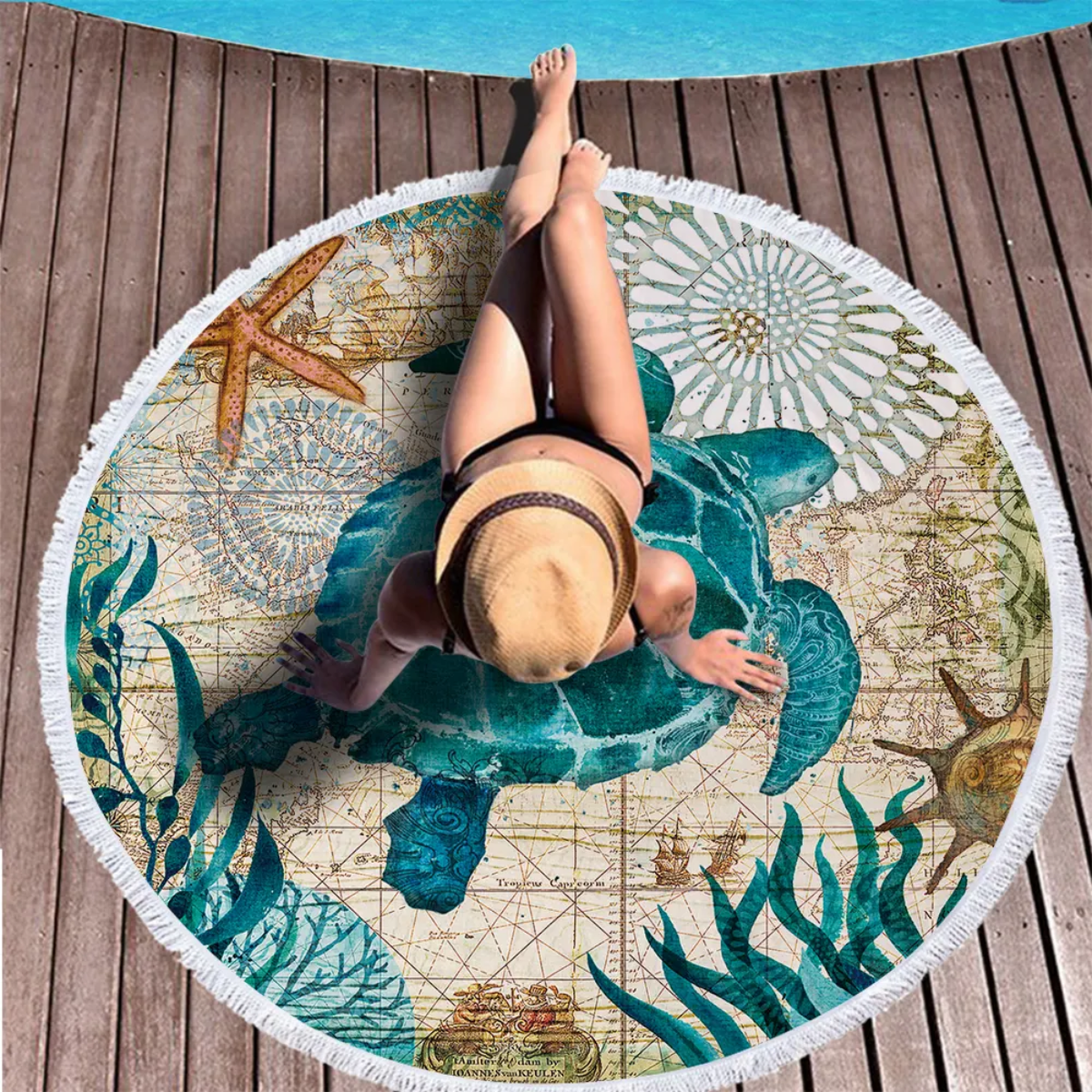 Luxury Oversized Round Microfiber Beach Towel with Turtle Design