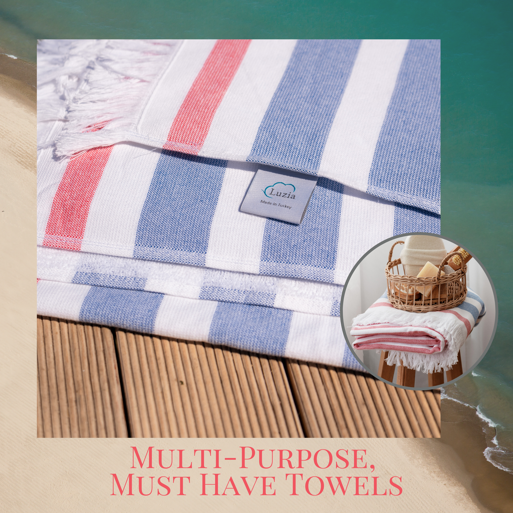 Luzia Striped Beach Towel, 40 x 70 inches, 100% Turkish Cotton, Blue and Red