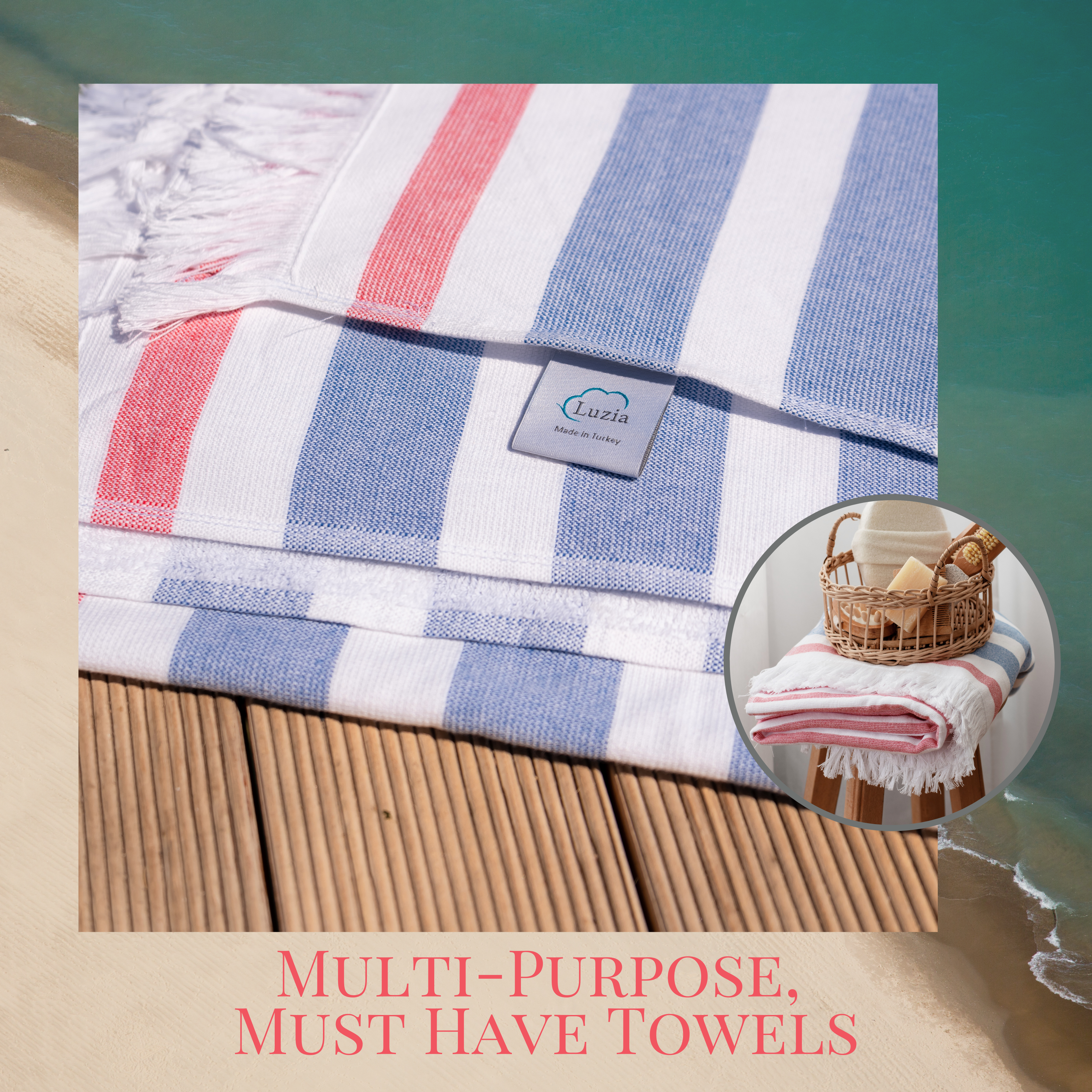 Luzia Striped Beach Towel, 40 x 70 inches, 100% Turkish Cotton, Blue and Red