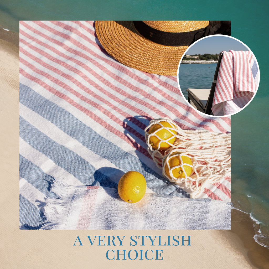 Luzia Striped Beach Towel, 40 x 70 inches, 100% Turkish Cotton, Blue and Red