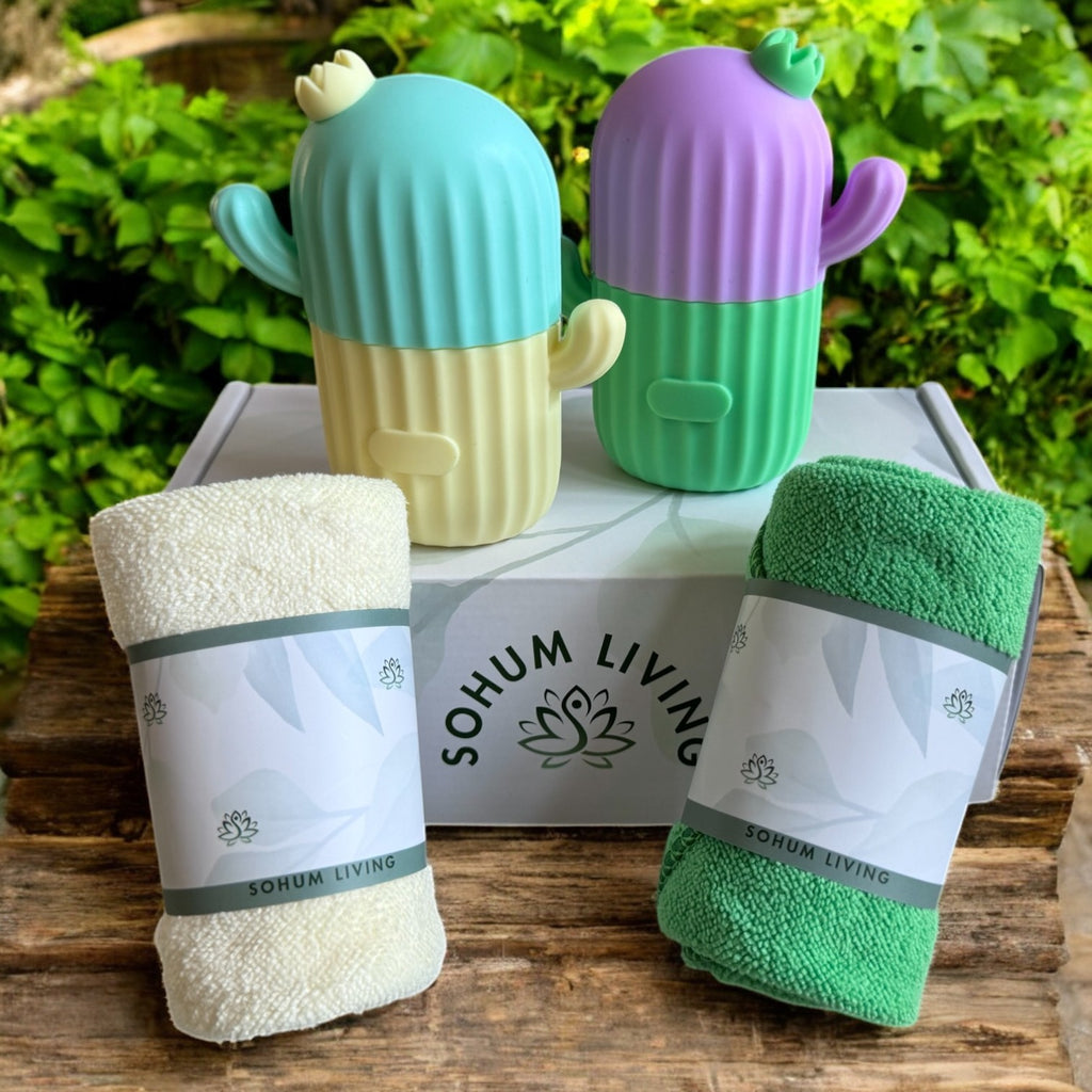 Gift Set - Premium Silicone Ice Roller for Face & Body - Reduce Puffiness, Tighten Skin, and Soothe Irritation - Teal/Yellow & Purple/Green