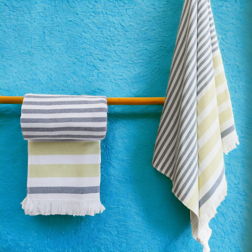 Luzia Striped Beach Towel, 40 x 70 inches, 100% Turkish Cotton, Yellow and Grey