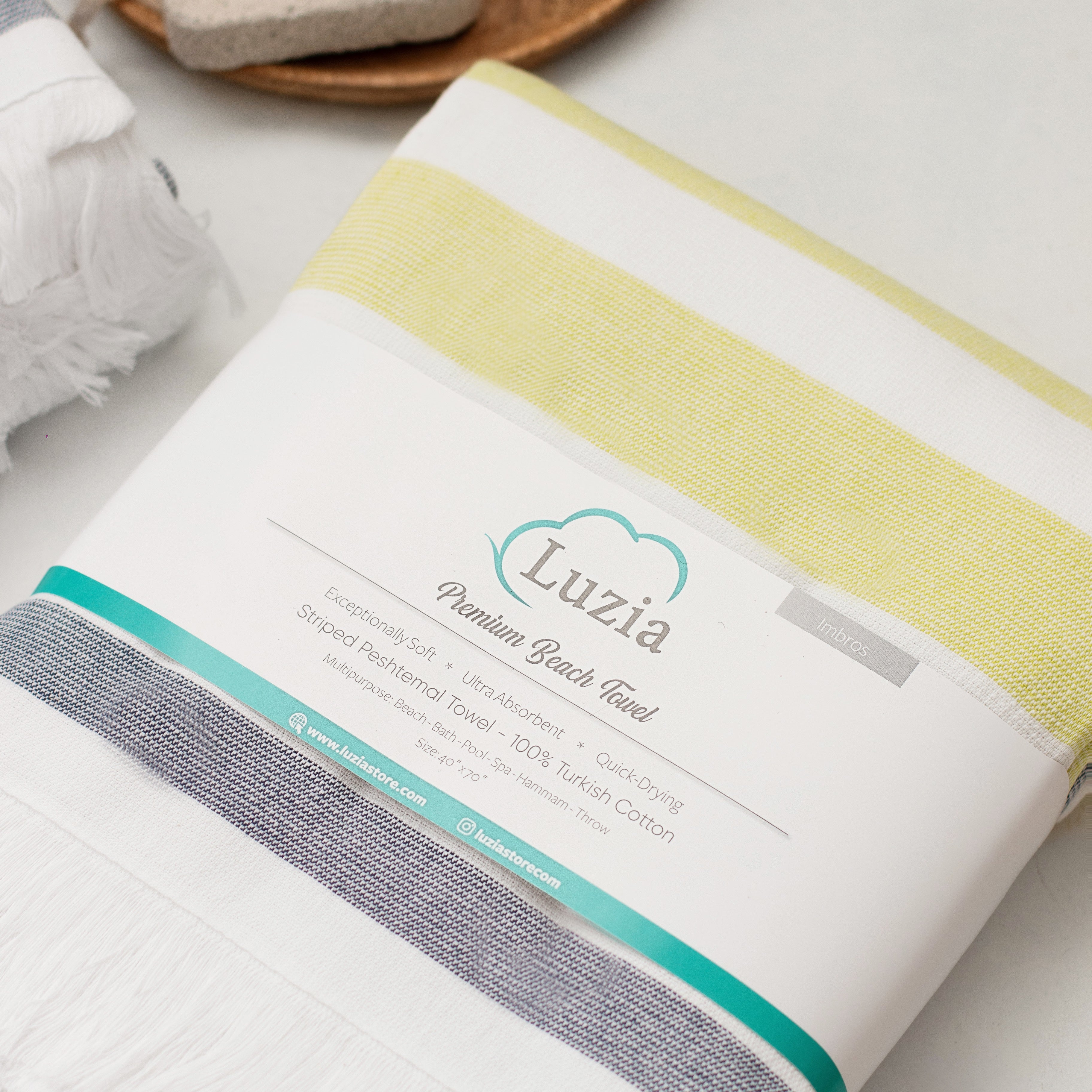 Luzia Striped Beach Towel, 40 x 70 inches, 100% Turkish Cotton, Yellow and Grey