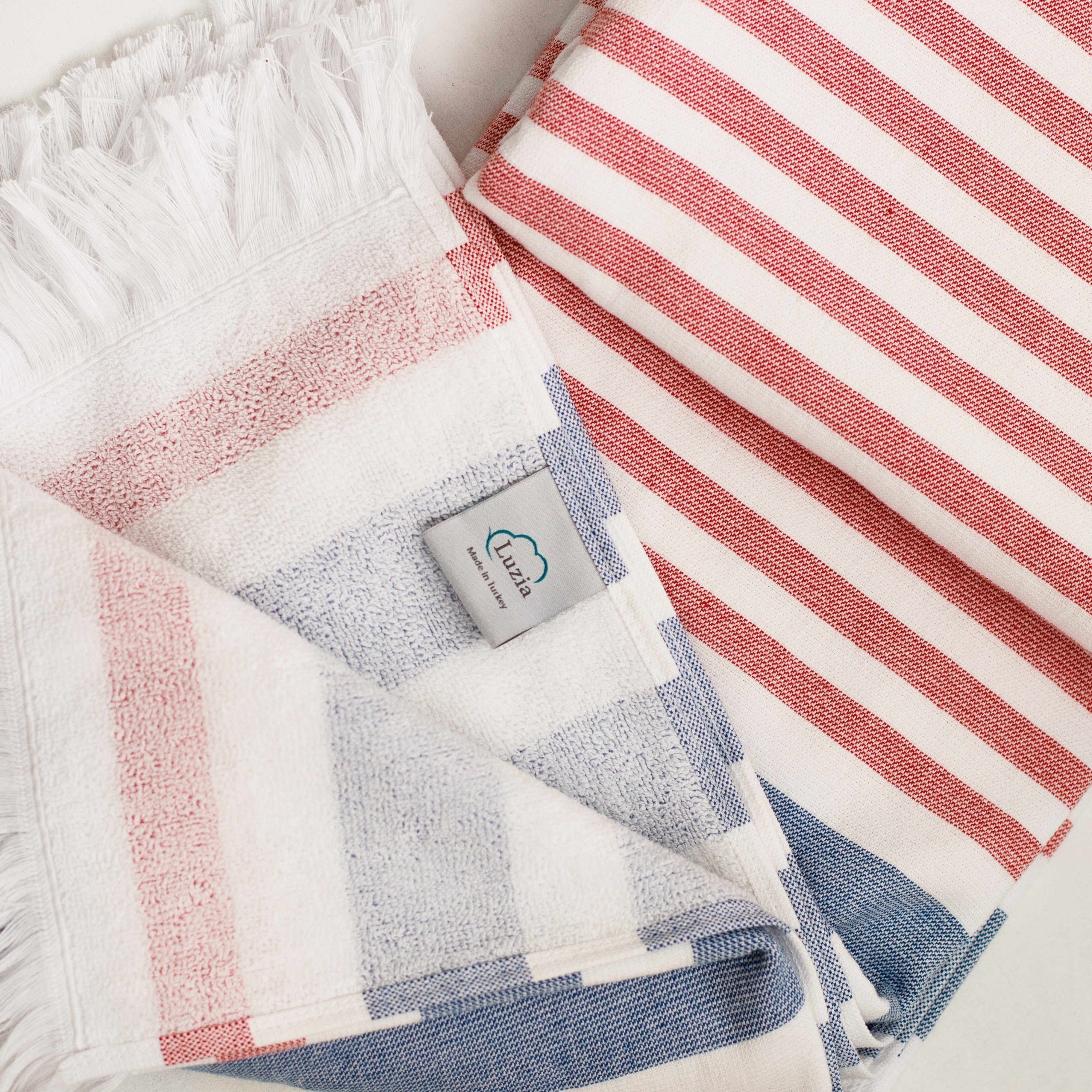 Luzia Striped Beach Towel, 40 x 70 inches, 100% Turkish Cotton, Blue and Red