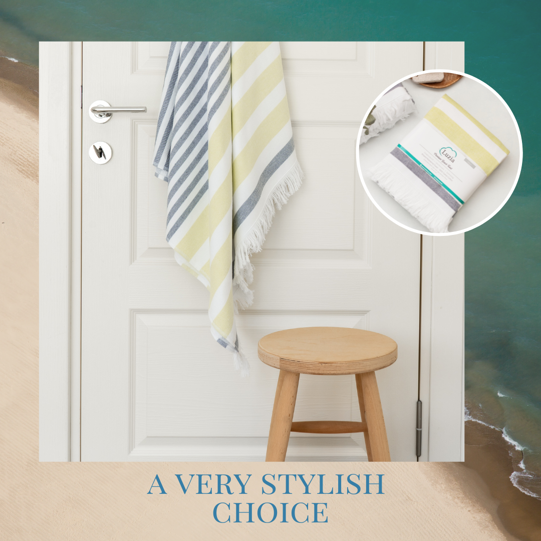 Luzia Striped Beach Towel, 40 x 70 inches, 100% Turkish Cotton, Yellow and Grey