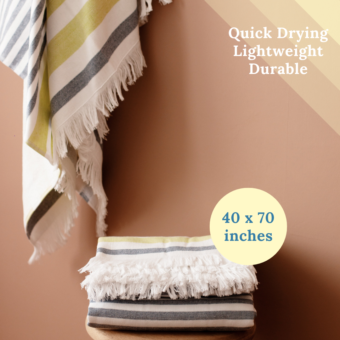 Luzia Striped Beach Towel, 40 x 70 inches, 100% Turkish Cotton, Yellow and Grey