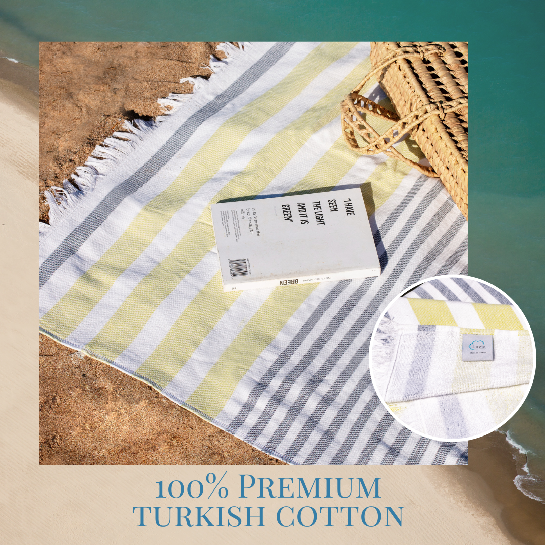 Luzia Striped Beach Towel, 40 x 70 inches, 100% Turkish Cotton, Yellow and Grey