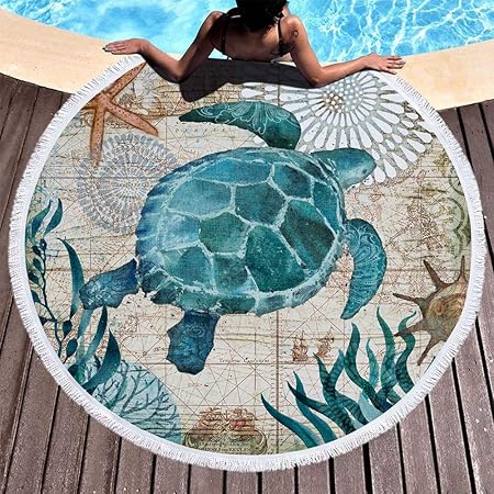 Luxury Oversized Round Microfiber Beach Towel with Turtle Design